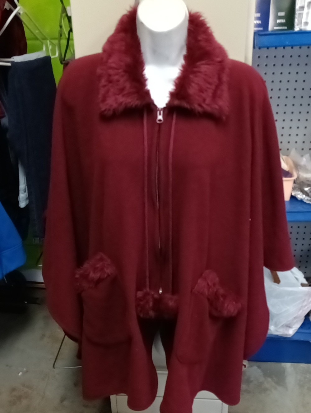 Women’s Faux-Fur Trim Zip Poncho in Burgundy